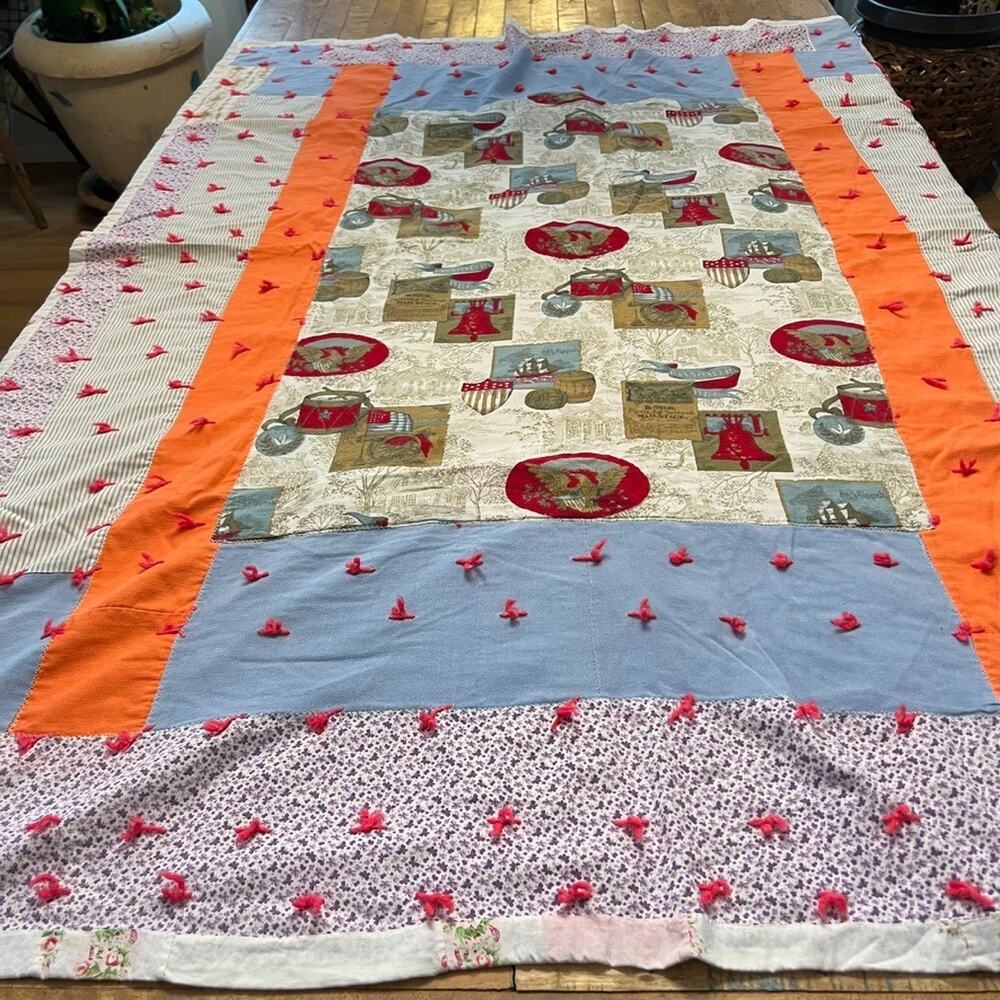 Vintage Patchwork Blanket Floral Reversible Handmade 62.5"x 48"